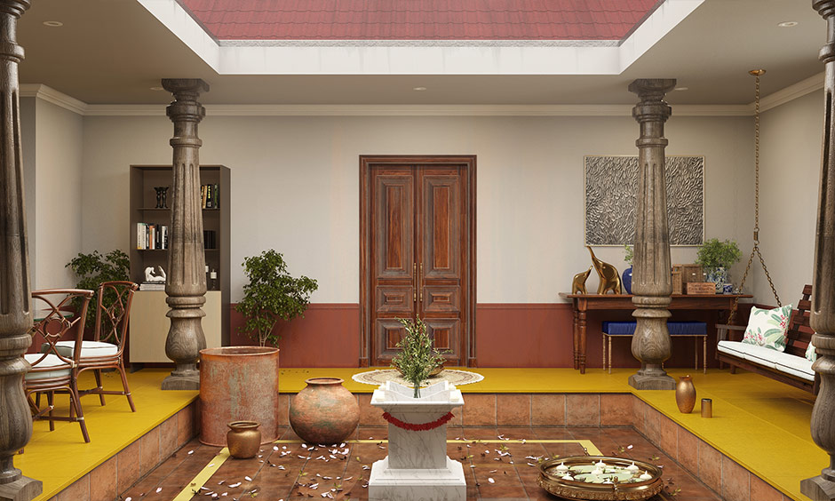 Indian style wooden main double door with intricate carvings and brass door handles