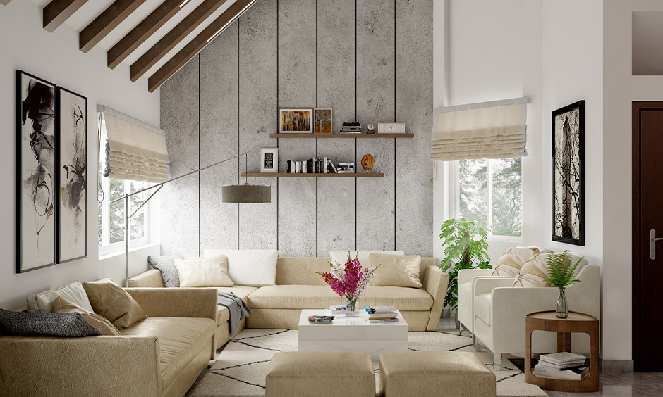 Asian living room in Contemporary style features a white farmhouse ceiling with wooden accents