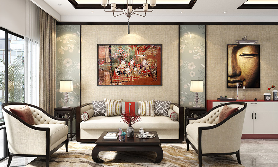 Traditional asian living room featuring a modern seating area with an oriental coffee table