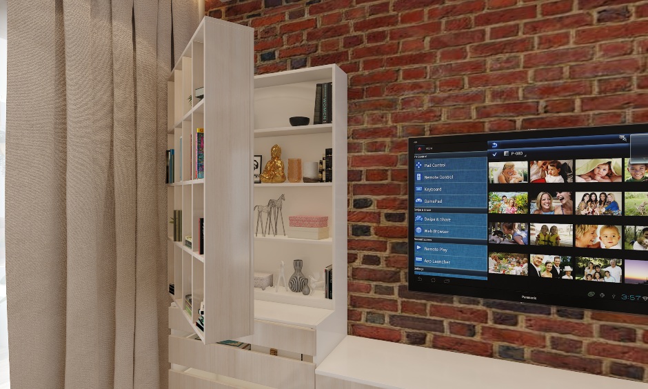 Living room tall bookshelf with open box shelves for storing and displaying books