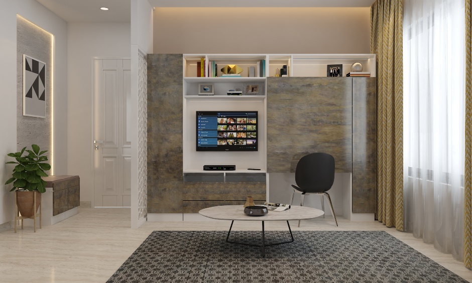 Modern living room with a tv and workstation design