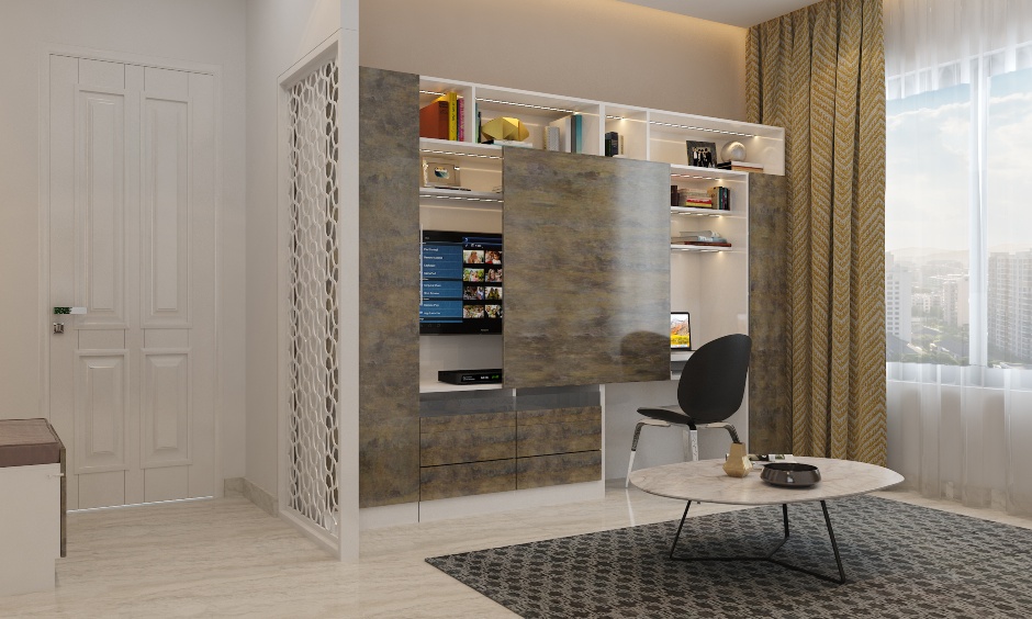 Modern partition living room with a jali divider features intricate designs