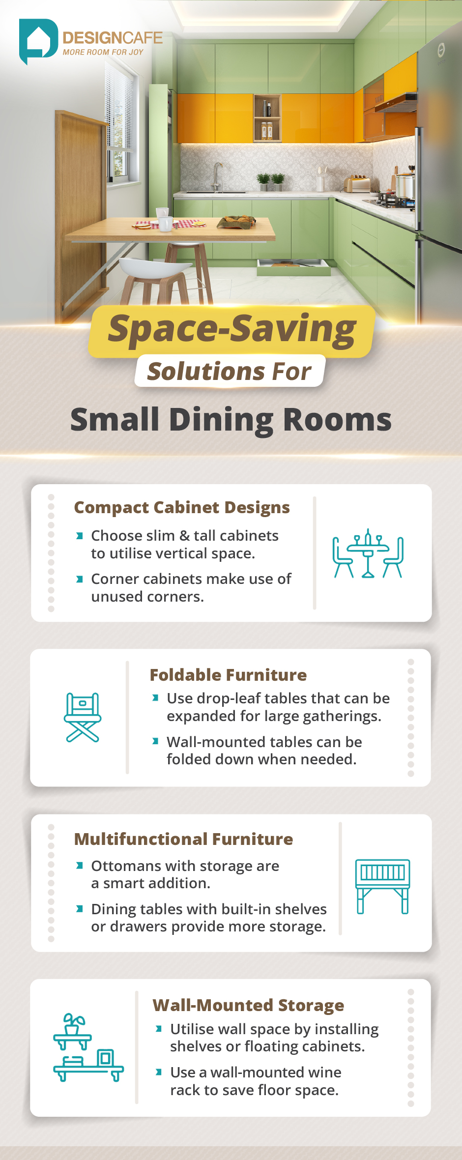 Space saving solutions for small dining rooms with compact cabinet, foldable furniture and wall-mounted storage