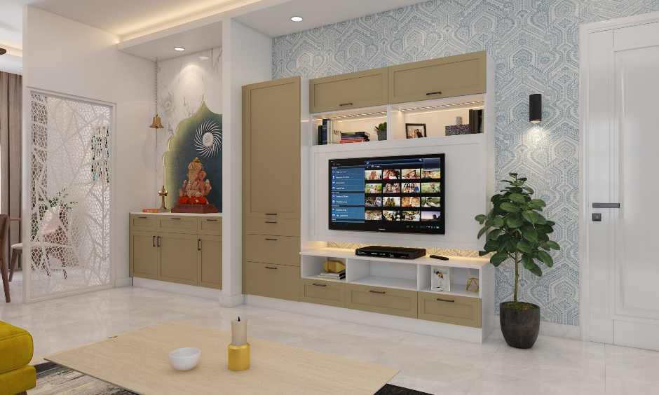 Stylish living room tv and matching puja unit design